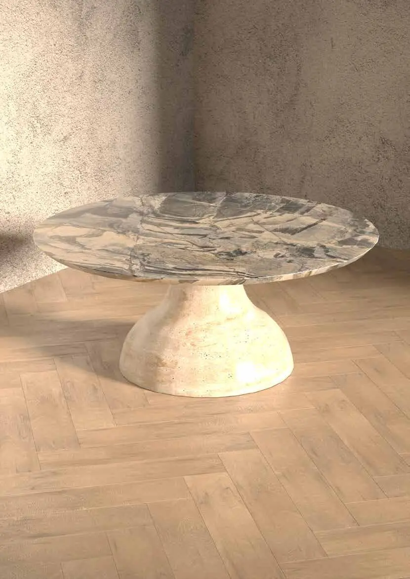 Tavolino Adone con base tornita in travertino