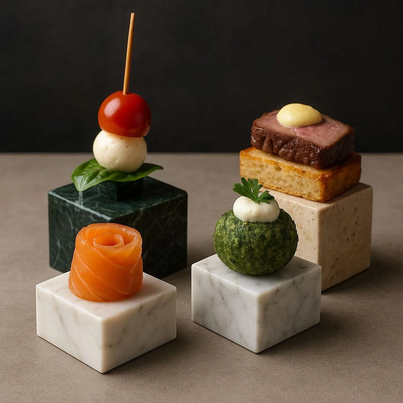 Cubi in marmo bianco di Carrara, verde alpi e travertino con finger food