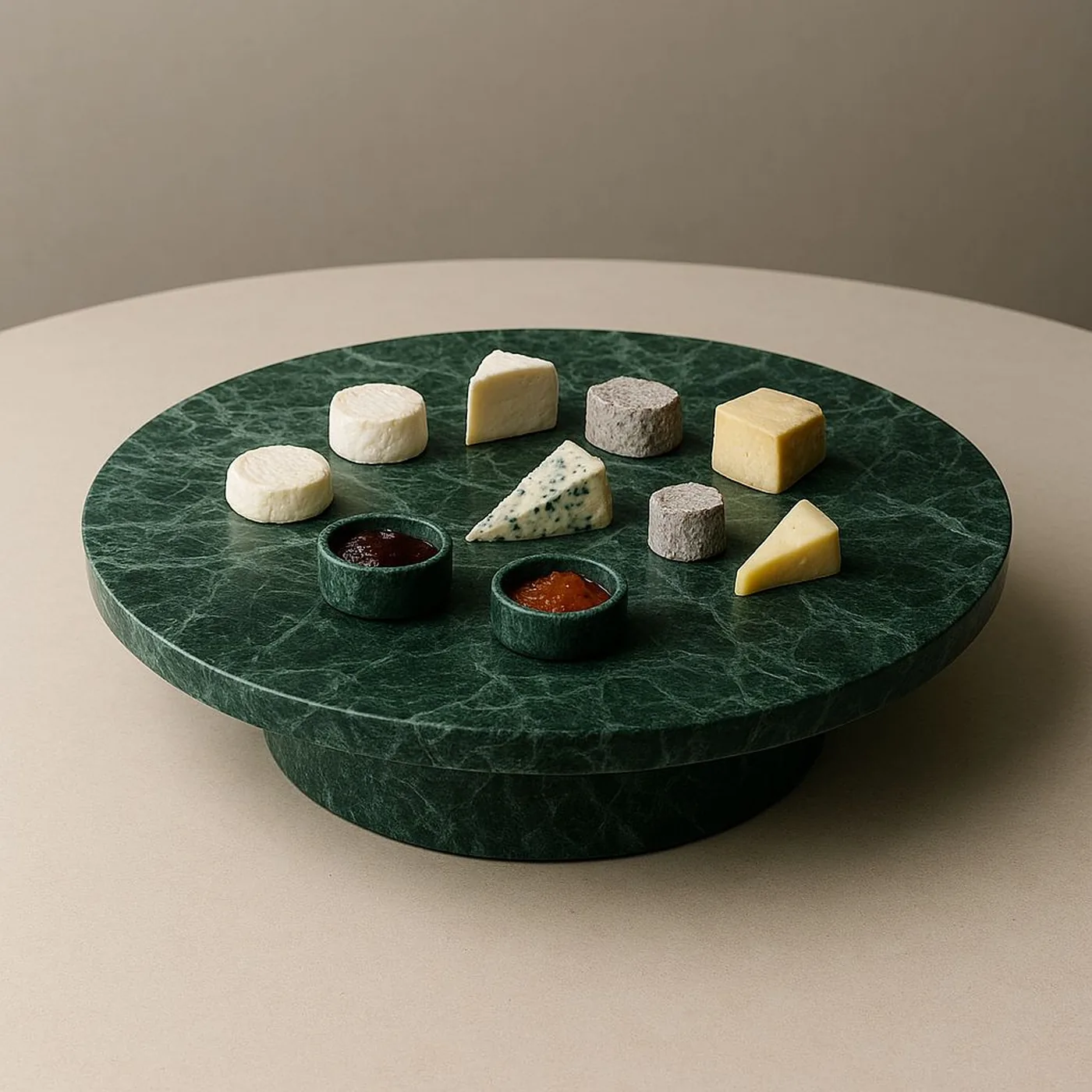 Alzata circolare in marmo verde alpi con formaggi e due coppette ricavate nel piano