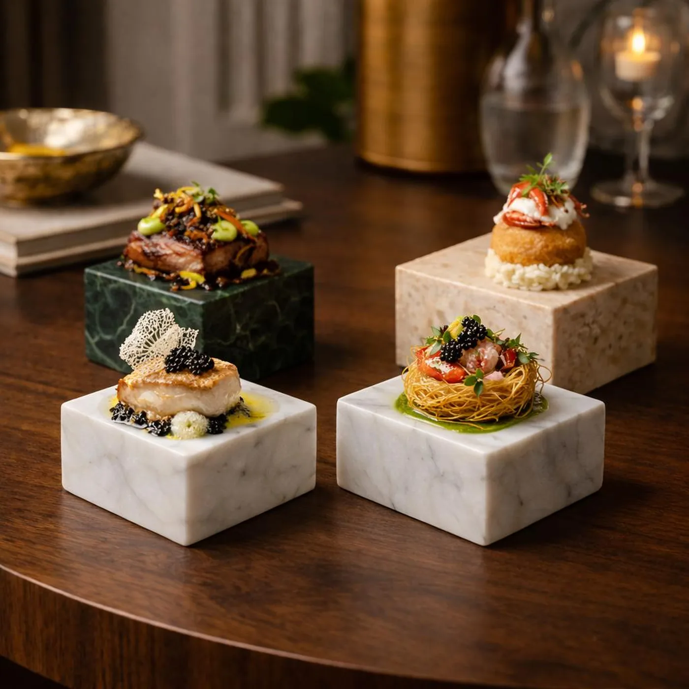 Cubi in marmo bianco di Carrara, verde alpi e travertino con quattro assaggi gourmet su un tavolo in legno