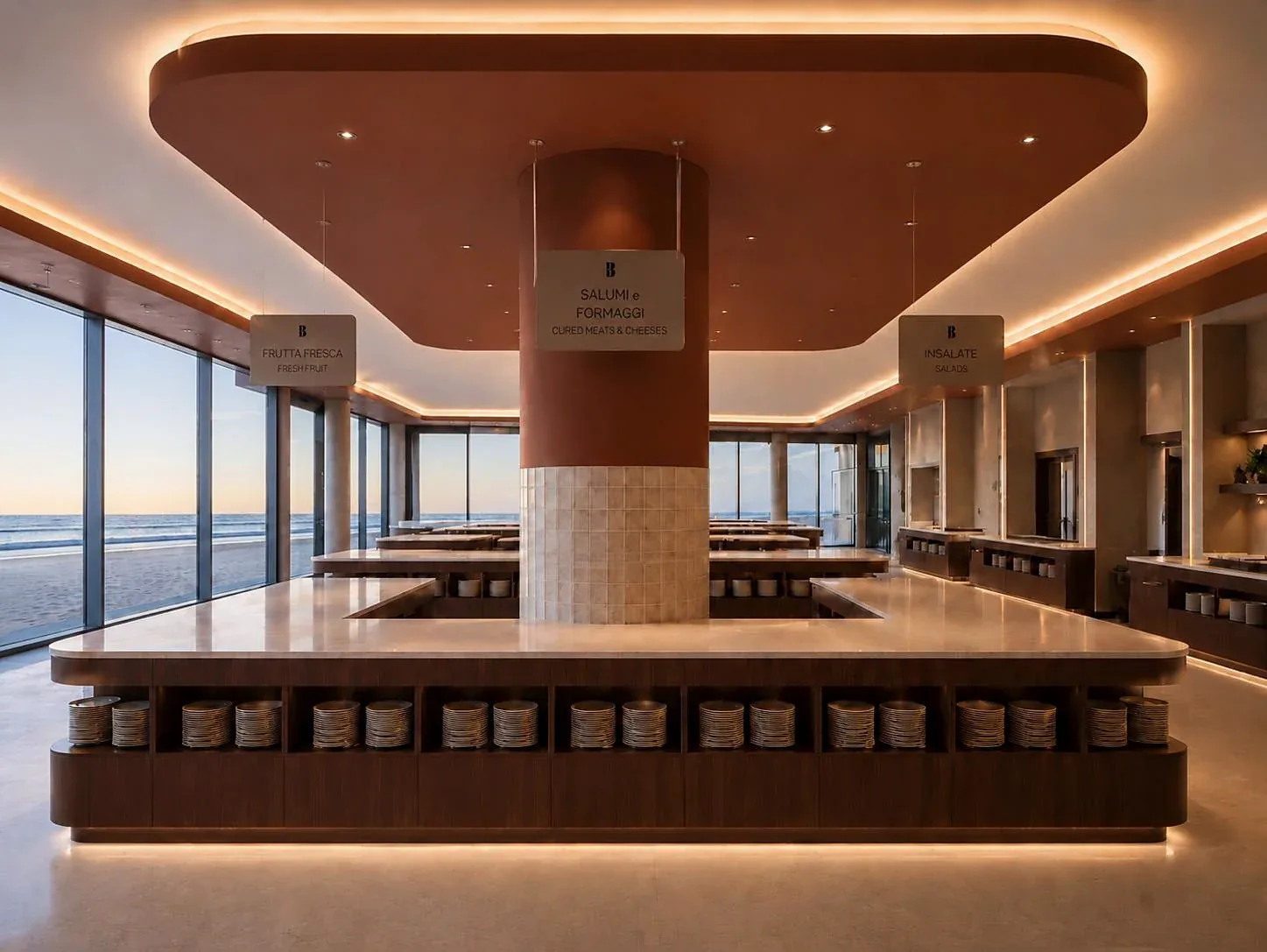 Hotel Resort: isola buffet Salumi e Formaggi con piano in pietra chiara e fronte in noce, affacciata sulla vetrata verso la spiaggia