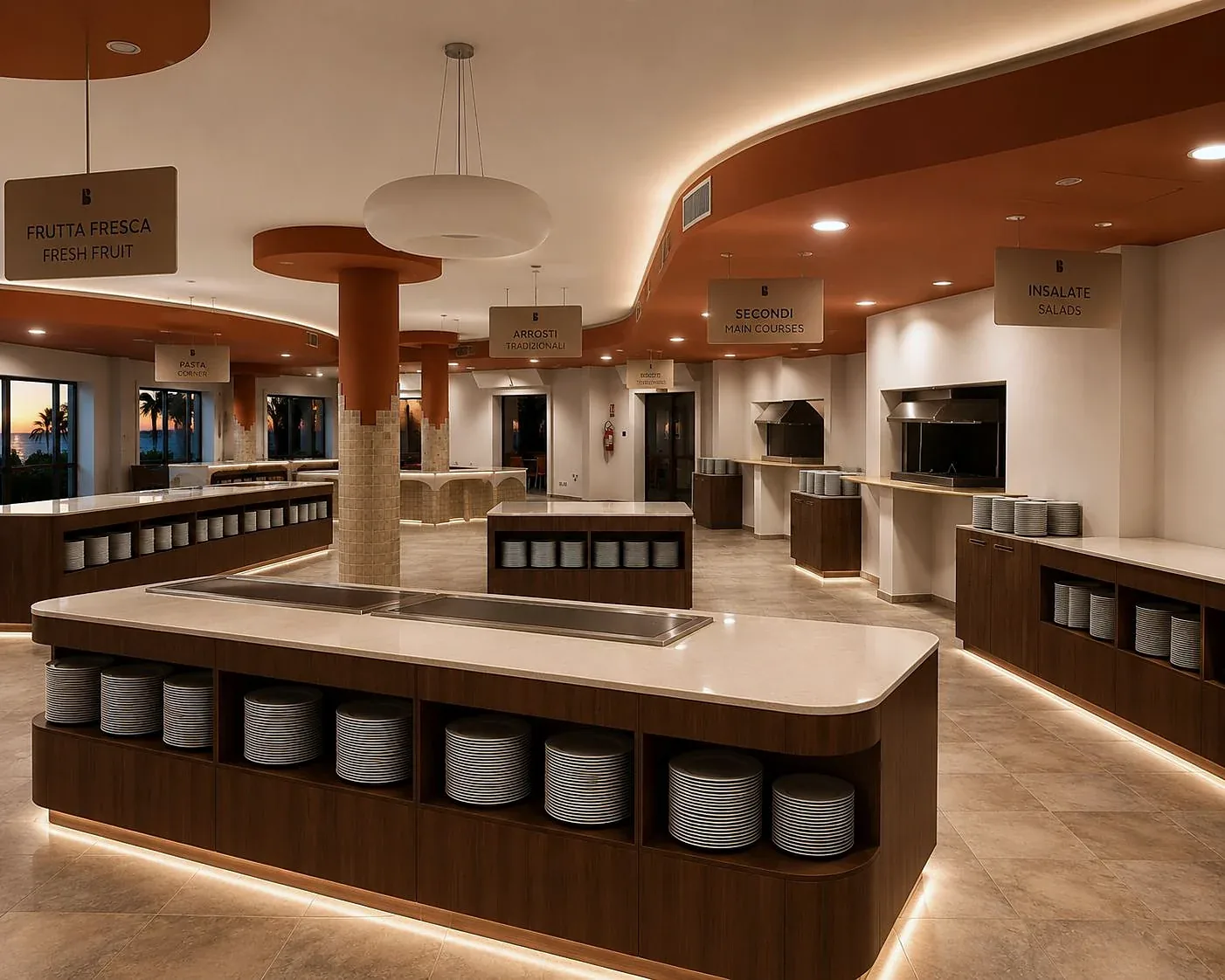 Hotel Resort: sala del buffet con isole di servizio, insegne Frutta fresca, Arrosti, Secondi e Insalate