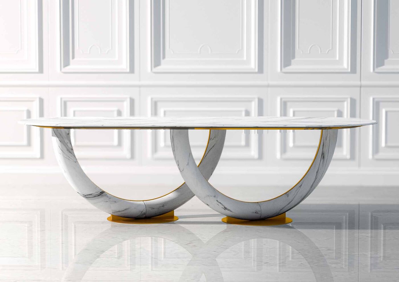Tavolo Fedora in marmo bianco con basi ad arco