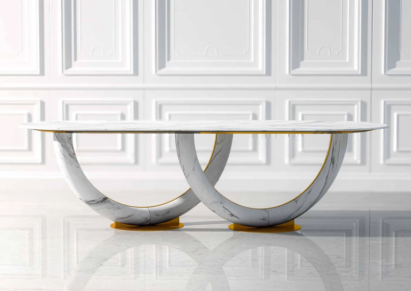 Tavolo Fedora in marmo bianco con basi ad arco