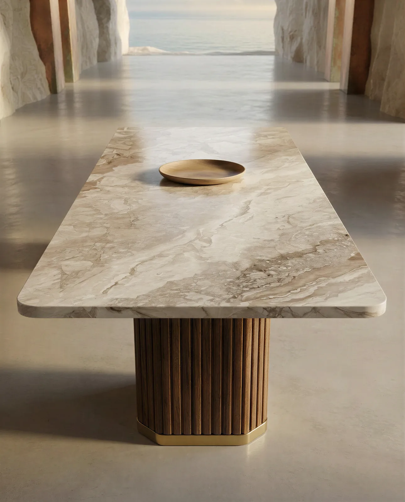 Tavolo Grovio, piano in marmo beige e basi cannettate in noce canaletto su piedistallo in ottone
