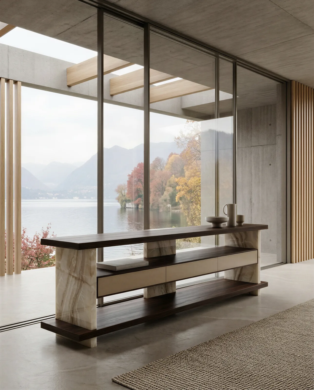 Console Oreli, montanti in onice naturale e piani in noce massello con cassetti rivestiti in pelle