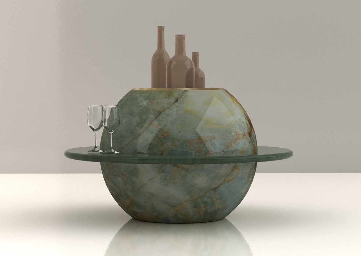 Mobile bar Parione, sfera in onice verde con anello in cristallo