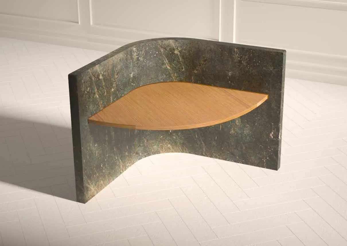 Poltroncina Tenone in marmo scuro e legno